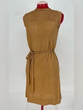 Vintage Copper- Gold Lurex Knit Mini Dress Handmade 60s 70s Metallic Belted